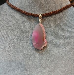 Pink Agate Slice Pendant Necklace on Braided Cord